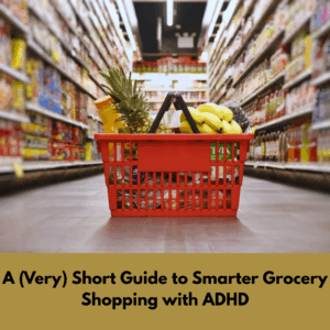 full red grocery basket in the center of store aisle