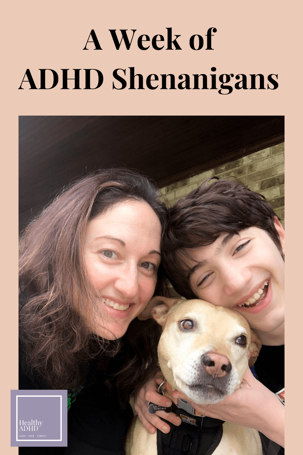 mom, son, and dog laughing together