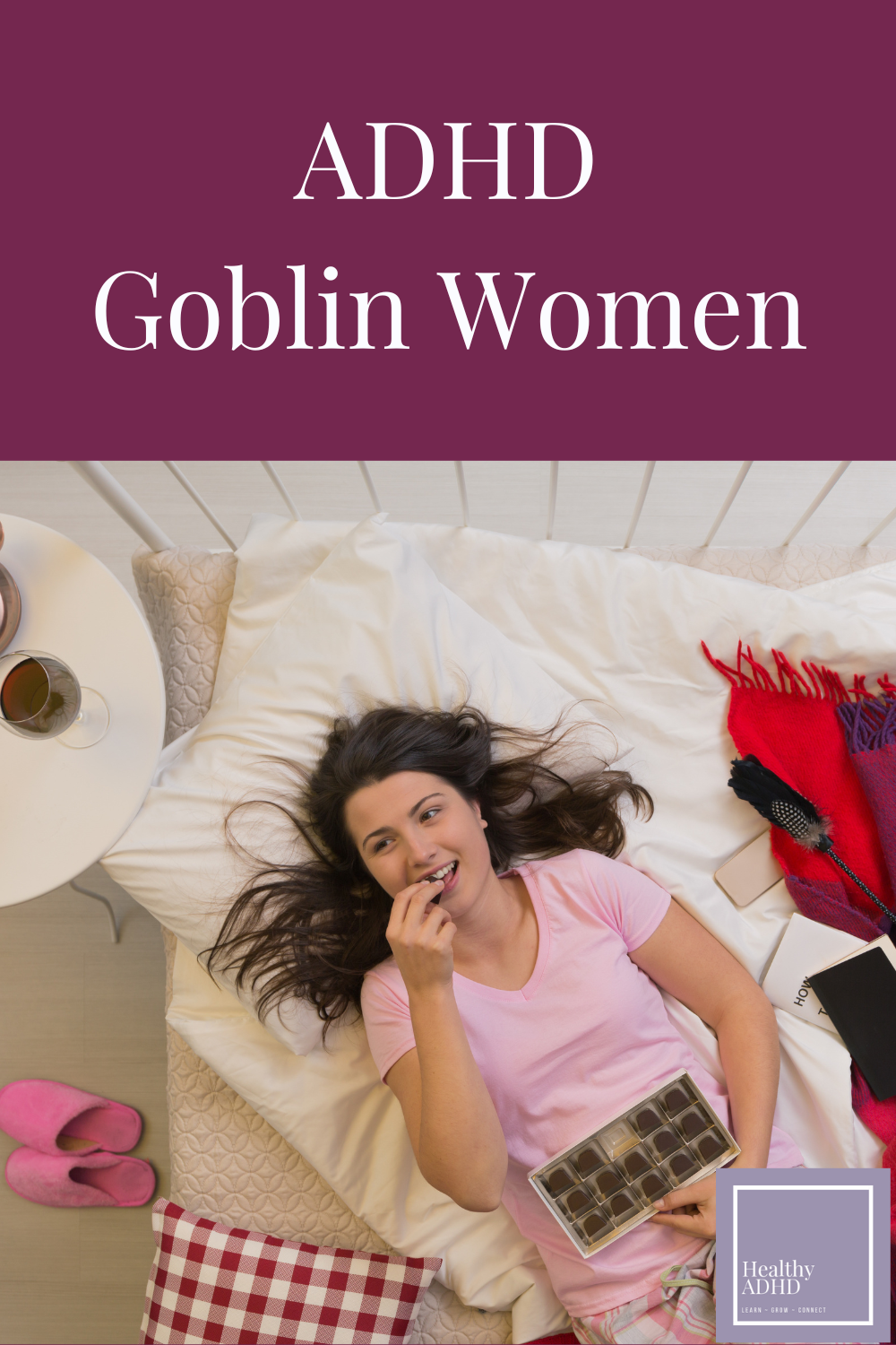 Woman in bed eating chocolate and doing nothing