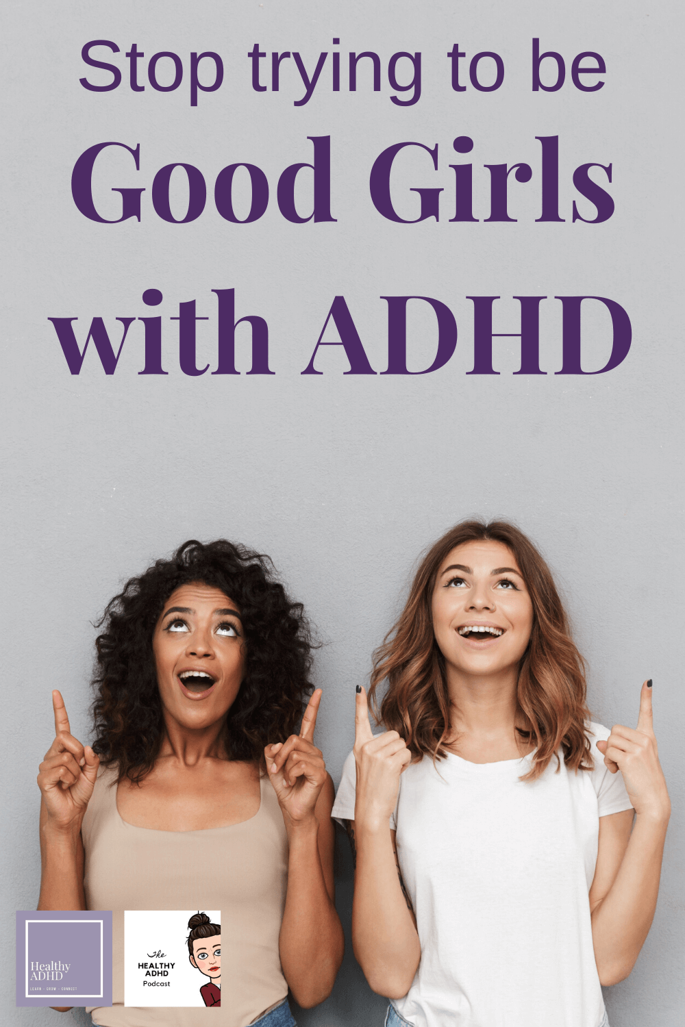 two women pointing upward