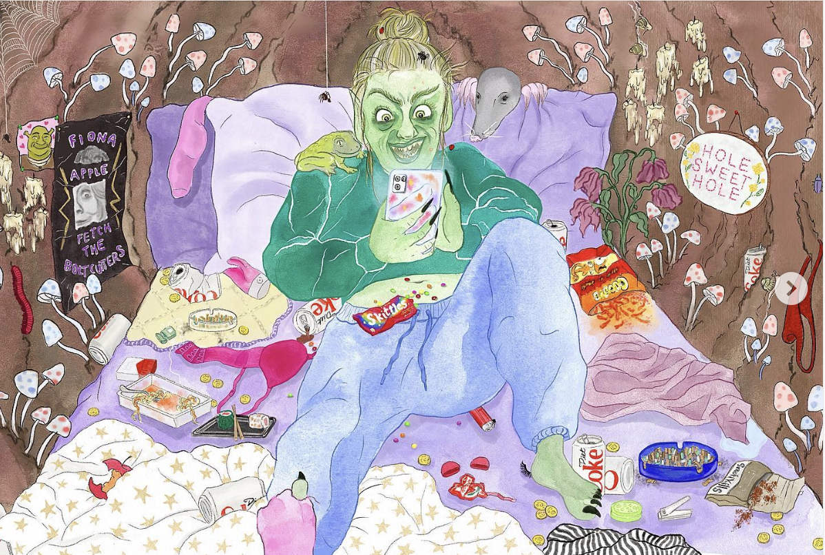 Woman in Goblin Mode in bed